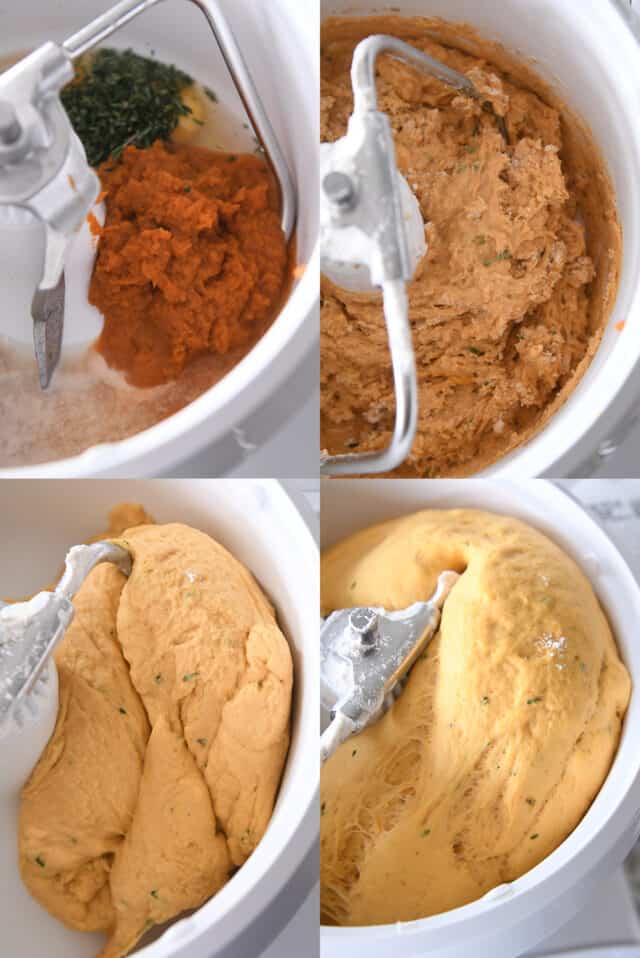 mixing dough for pumpkin dinner rolls in white bosch stand mixer