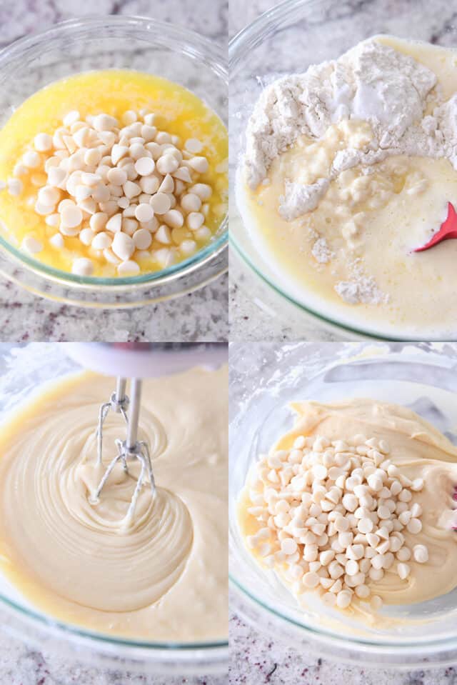 Stirring together batter for white chocolate blondie bars with butter, white chocolate chips, and flour.