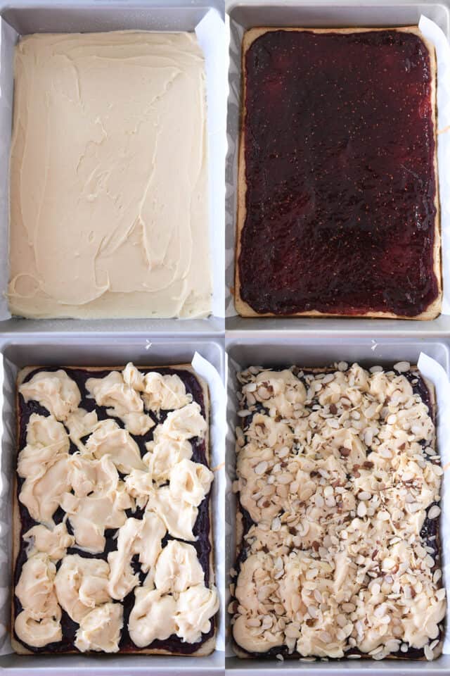 Assembling raspberry white chocolate blondie bars in 9X13-inch pan with batter, raspberry jam and sliced almonds.