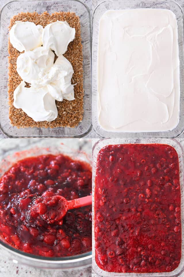 Four pictures of assembling a pretzel jello salad step-by-step. 