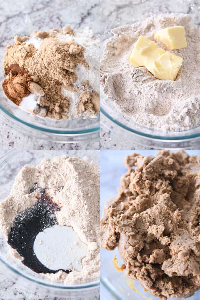 brown sugar, cinnamon, ginger and flour in mixing bowl; adding butter to dry ingredients; adding milk and molasses to dry ingredients; mixed gingerbread cookie dough in glass bowl