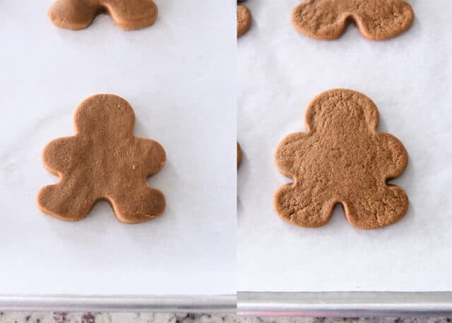 Unbaked and baked gingerbread person cookie on baking sheet.