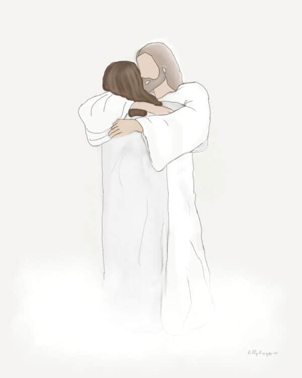 Watercolor painting of Jesus hugging a woman. 