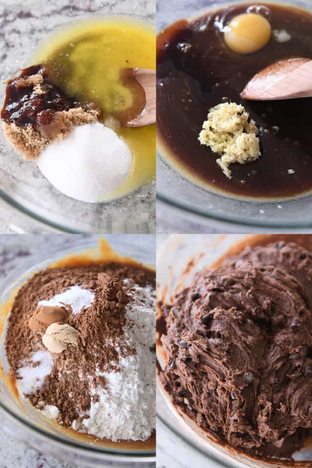 Stirring butter, sugar and molasses together in glass bowl; adding ginger and eggs to bowl, adding cocoa and spices to bowl, mixing batter with chocolate chips.