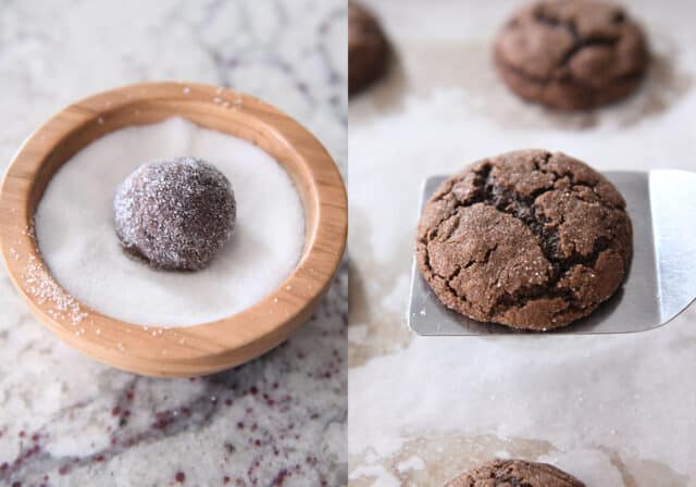 Rolling cookie dough ball in sugar and baking on parchment lined baking sheet.