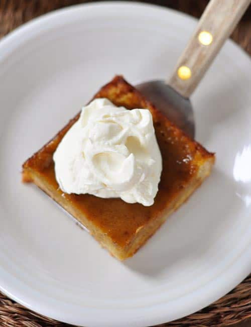A square of pumpkin pie sheet cake topped with whipped cream on a metal spatula.