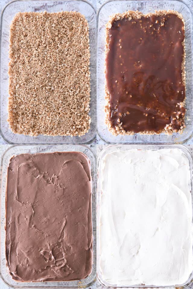 assembling samoas chocolate pudding dessert with coconut crust, caramel sauce, chocolate pudding and sweetened whipped cream in glass 9X13-inch dish