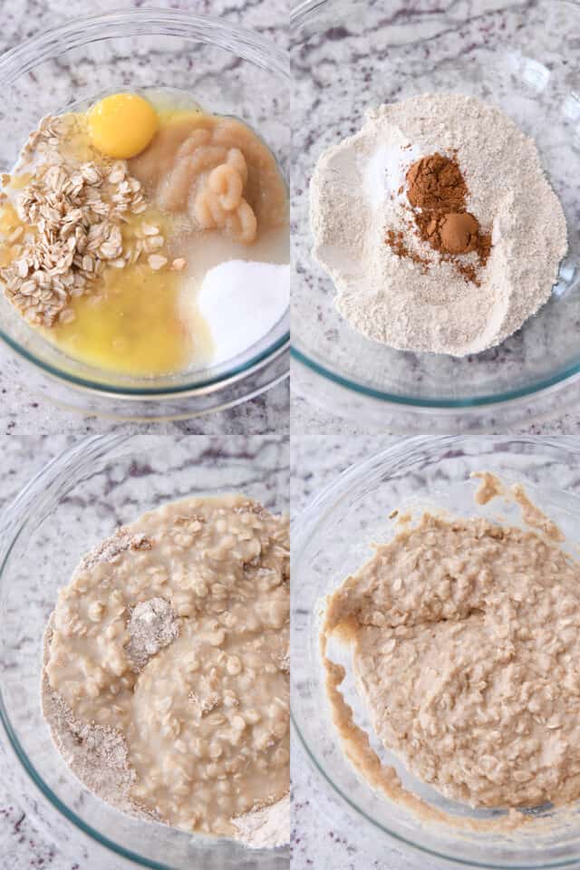 Stirring together egg, oats, applesauce, sugar, flour and spices for muffin batter.