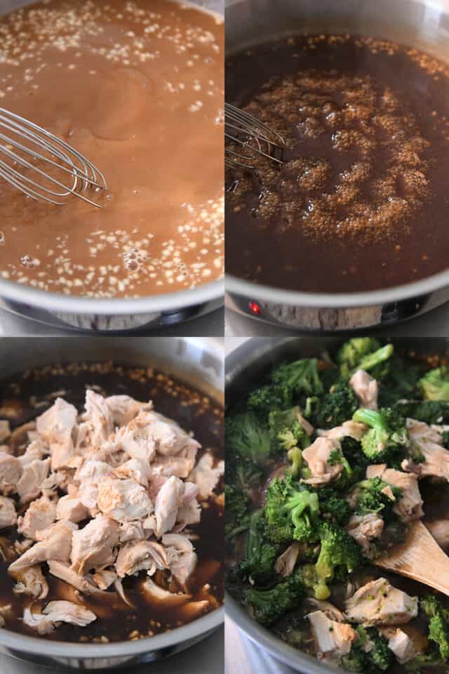 Making quick and easy chinese chicken and broccoli by simmering sauce, adding chicken and broccoli.