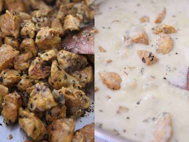 Cooking chicken in stainless skillet, adding coconut curry sauce to chicken and simmering.