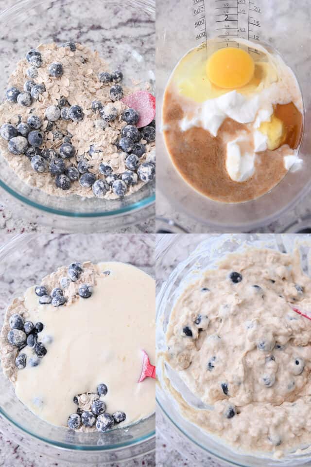 Step-by-step pictures of making blueberry muffin batter. 