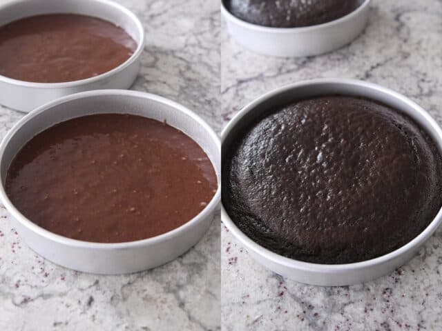 Cake batter in circle pans; baked cake in circle pans.