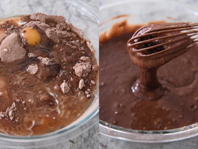 mixing chocolate cake batter with whisk in glass bowl