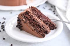 piece of chocolate cake with chocolate frosting on white plate
