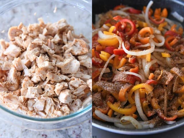 Bowl of seasoned chicken; skillet with cooked vegetables and peppers.