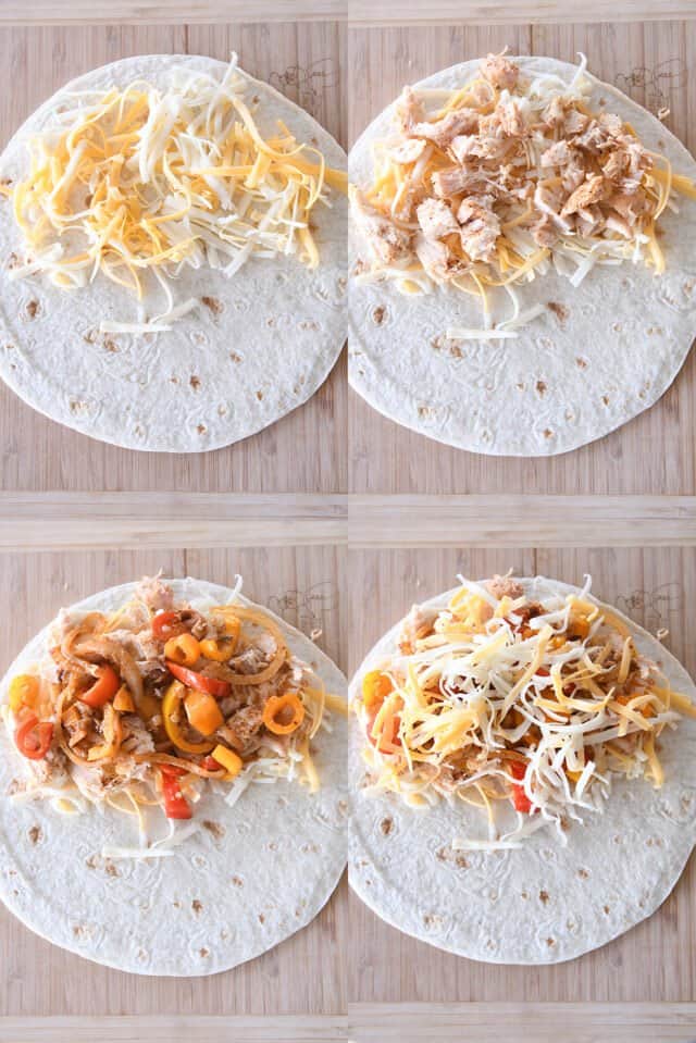 Assembling quesadillas on tortilla with cheese, seasoned chicken, veggies, and more cheese.