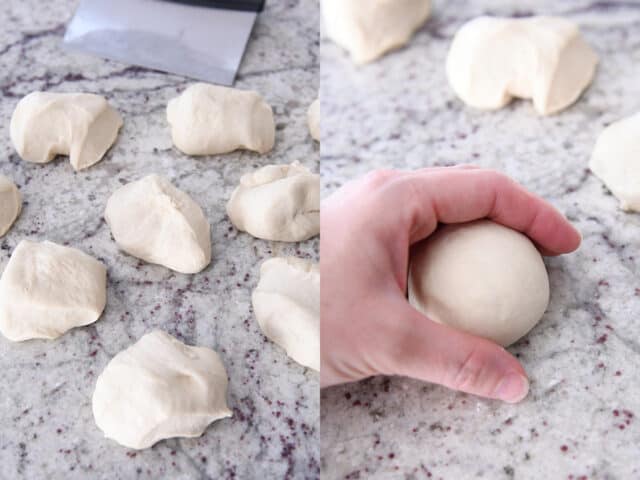 Cutting dough into pieces; rolling dough into balls.