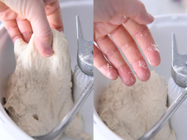 Lifting dough out of stand mixer.