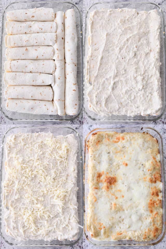 Assembling enchiladas in glass 9X13-inch pan, enchiladas, spread with sauce, sprinkled with cheese, baked.
