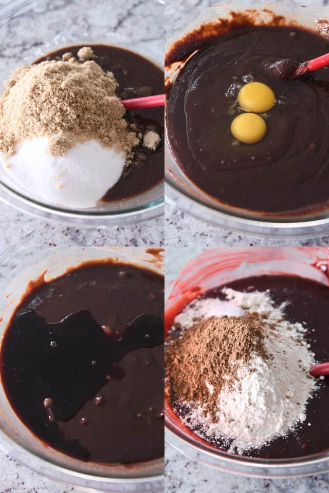Making brownie batter with sugar, eggs, red food coloring, cocoa powder and flour.