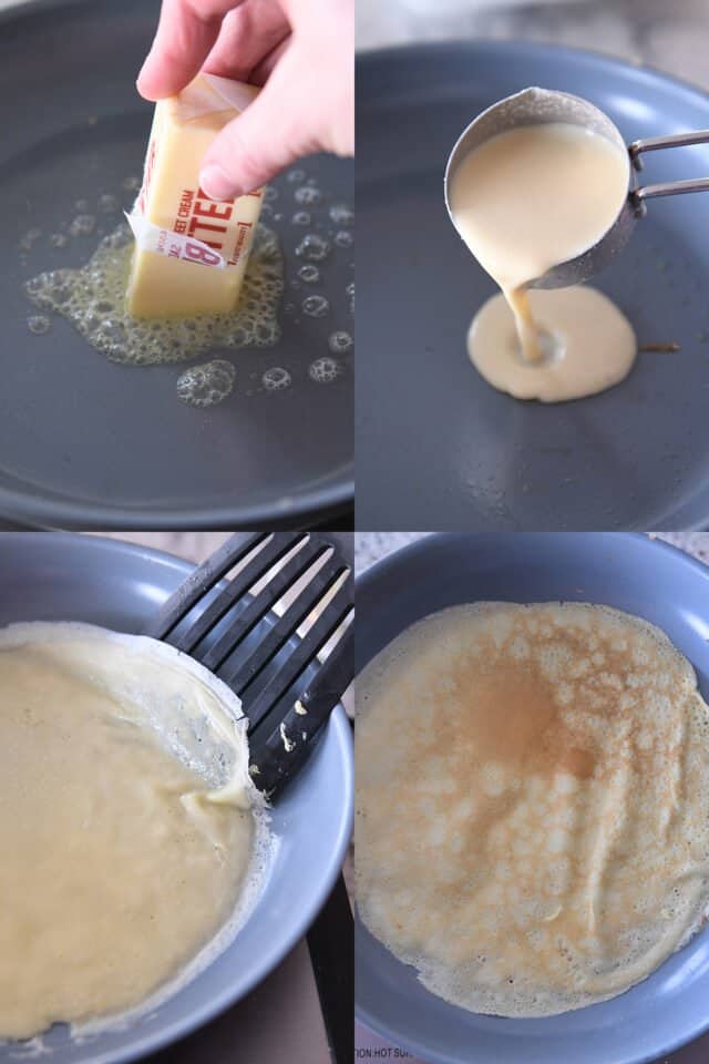 Buttering nonstick skillet; pouring batter into skillet; flipping swedish pancake.