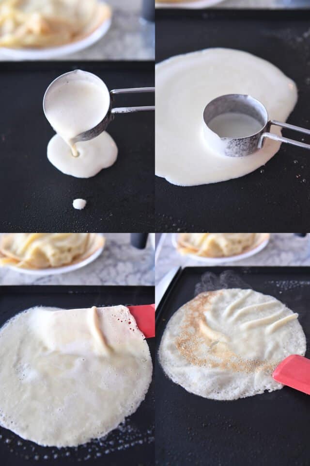 Pouring batter onto griddle; cooking swedish pancake; flipping swedish pancake.