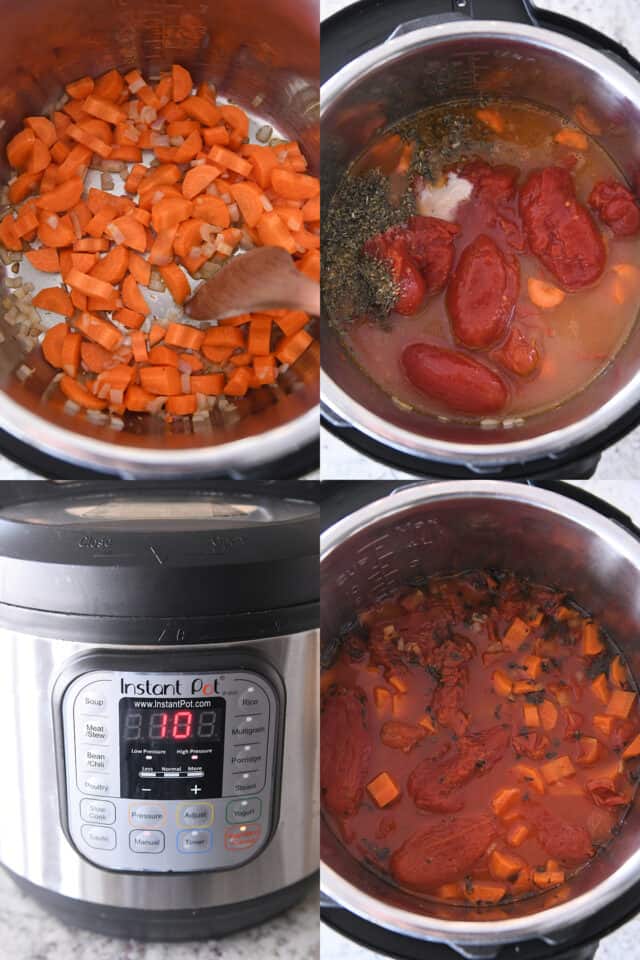 cooking carrots and onions in instant pot; tomatoes, basil and broth added to carrots; instant pot with 10 minutes on the time setting; cooked tomatoes and carrots and broth in the instant pot