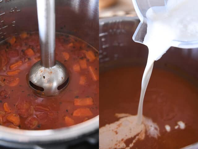 Blending soup in instant pot with immersion blender; pouring in cream to instant pot.