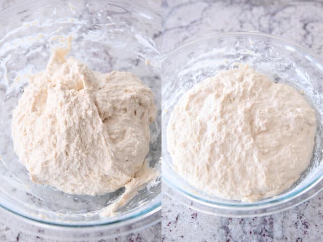 unrisen and risen sourdough peasant bread in glass bowls