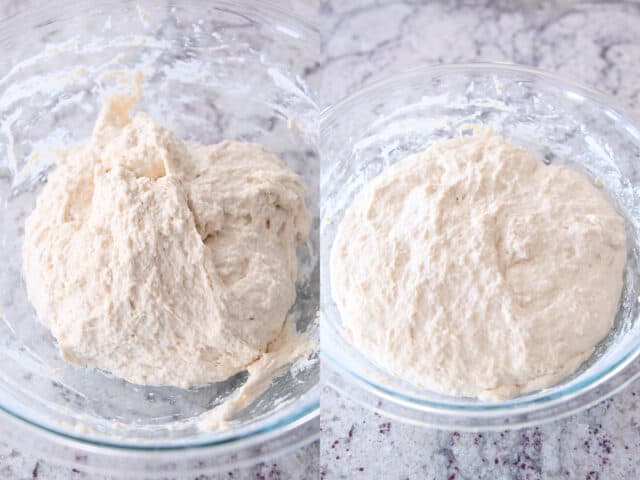 Unrisen and risen sourdough peasant bread in glass bowls.