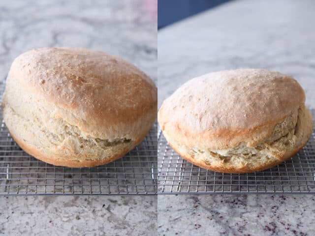 Two loaves of baked bread on wire rack.