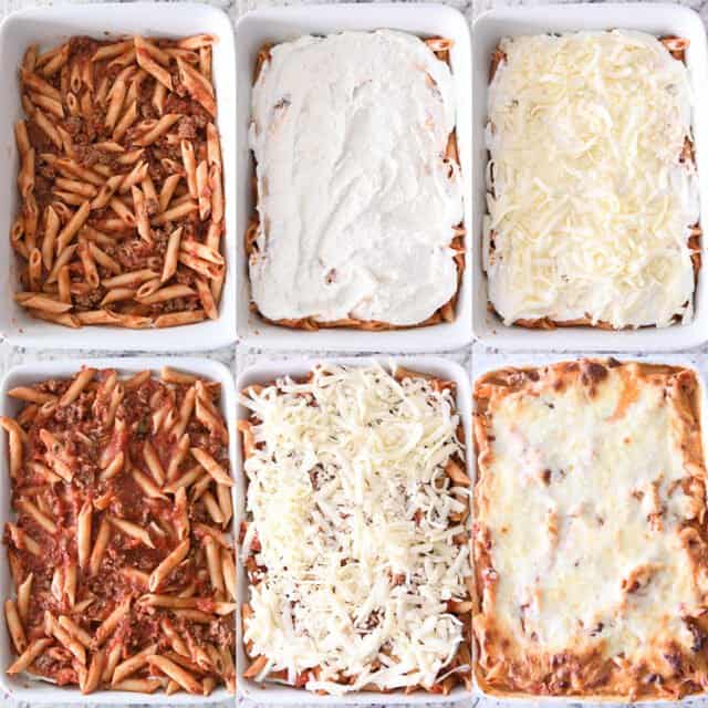 Assembling pasta bake with noodles, red sauce, ricotta cheese and mozzarella cheese.