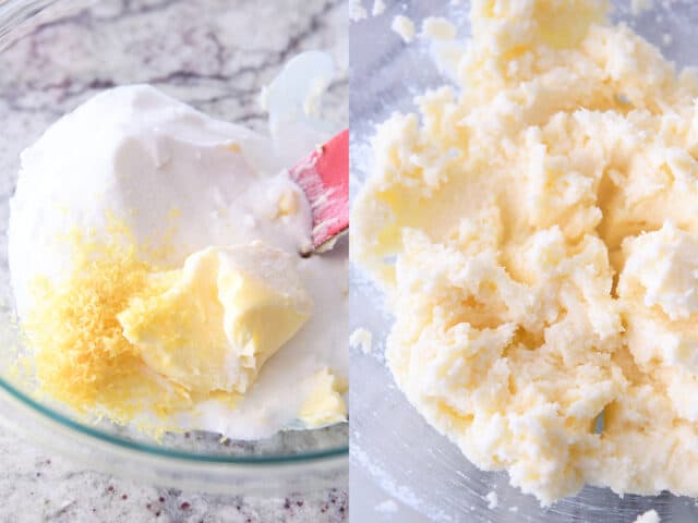 Mixing butter and sugar and lemon zest in glass bowl for lemon blueberry cake.