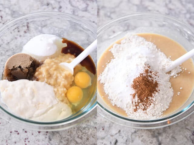 Mixing banana bread batter in glass bowl with rubber spatula.