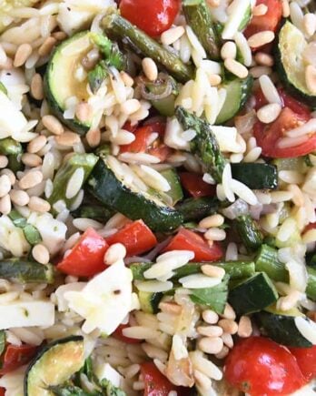 close up view of orzo, pine nuts, zucchini, cherry tomatoes, asparagus, and fresh mozzarella