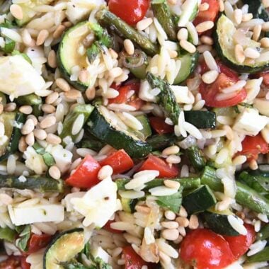 close up view of orzo, pine nuts, zucchini, cherry tomatoes, asparagus, and fresh mozzarella