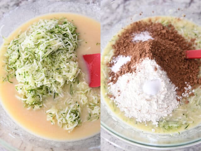 Mixing shredded zucchini into cake batter; mixing flour and cocoa powder into cake batter.