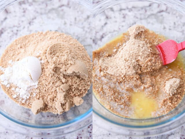 Glass bowl with graham cracker crumbs, flour, brown sugar and butter.