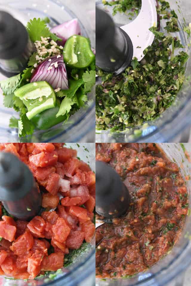 Step-by-step pictures making homemade salsa in food processor.