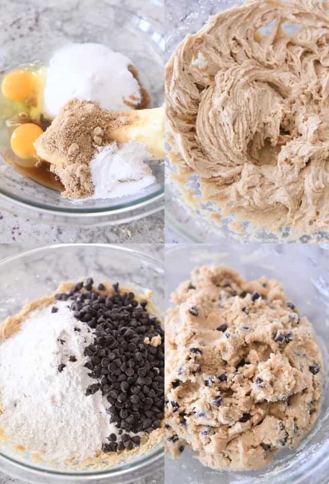 Step-by-step mixing of chocolate chip cookies in glass bowl.