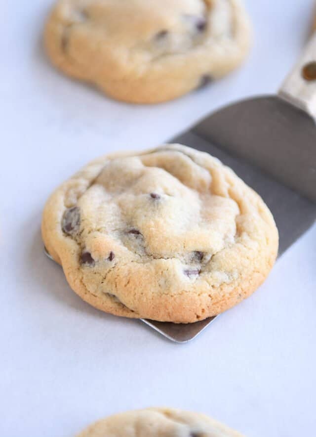 Golden chocolate chip cookie on metal spatula.