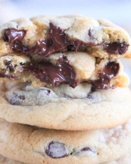 broken in half chocolate chip cookie with super melty chocolate chips