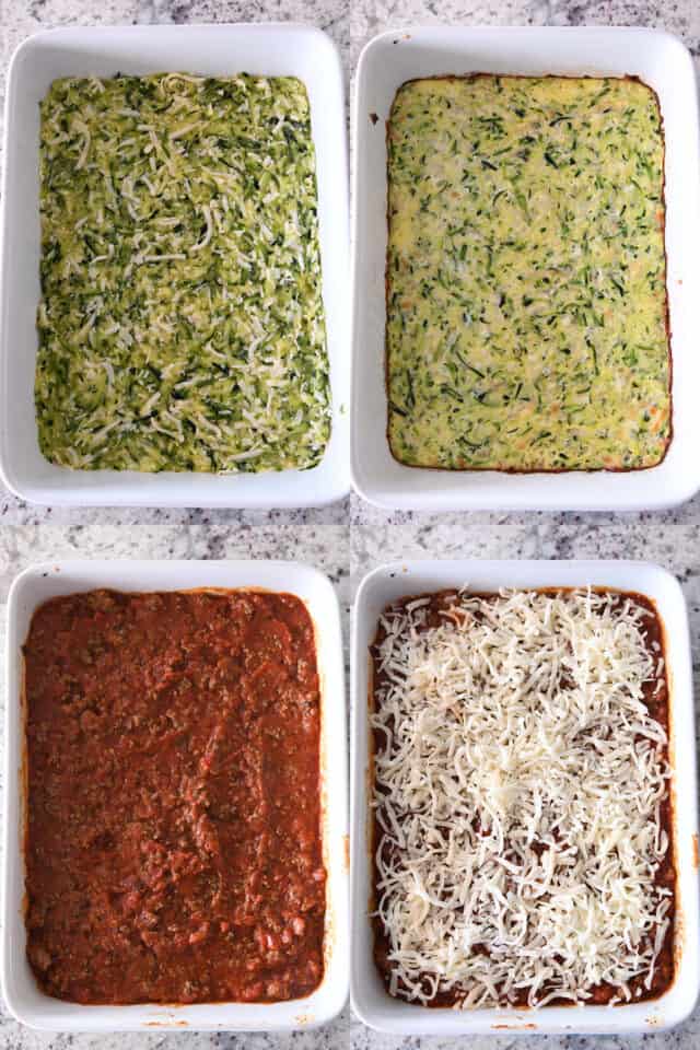 Assembling zucchini casserole; unbaked crust; baked crust; marinara sauce on top, cheese sprinkled on top.