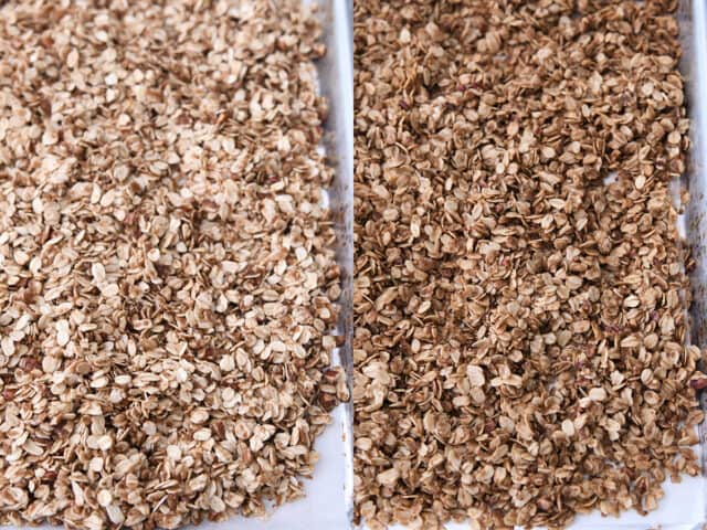 Side by side pans of unbaked and baked granola.