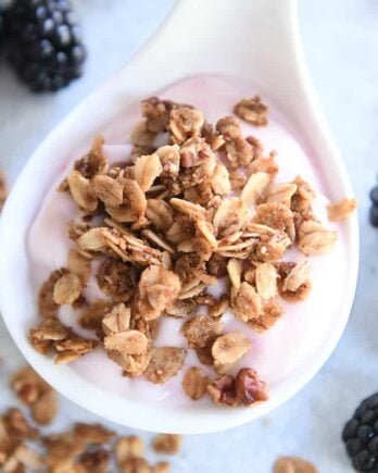 White scoop with strawberry yogurt, cinnamon granola and blackberries on the side.