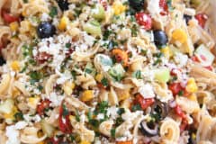 Close up view of Greek pasta salad.