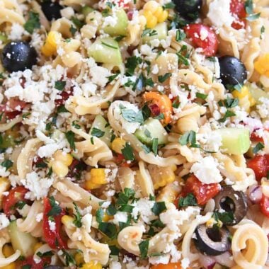 Close up view of Greek pasta salad.
