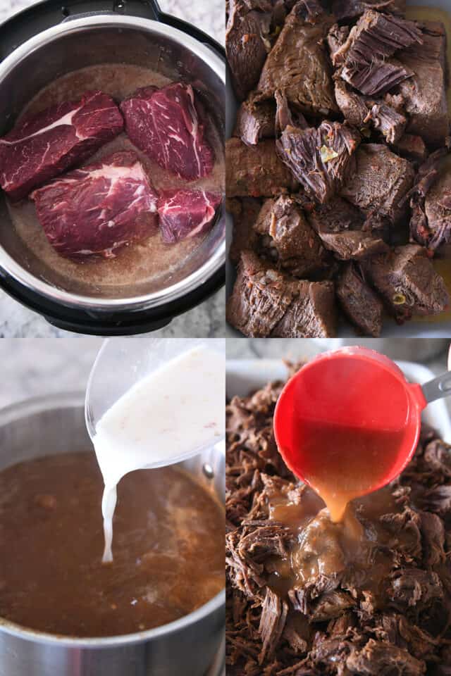 Beef roast in Instant Pot; cooked beef in pan; pouring cornstarch slurry in Instant Pot; pouring sauce over shredded beef.