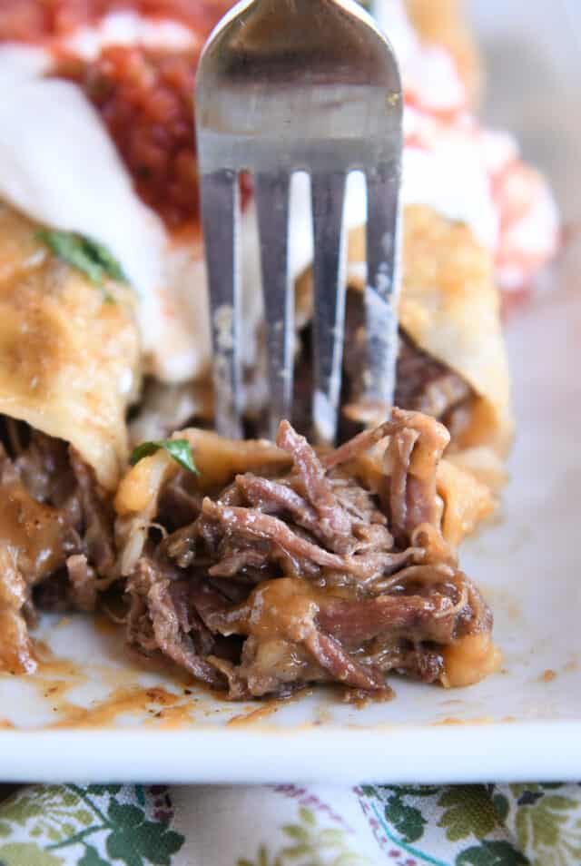 Shredded beef and tortilla enchilada on white plate with fork.