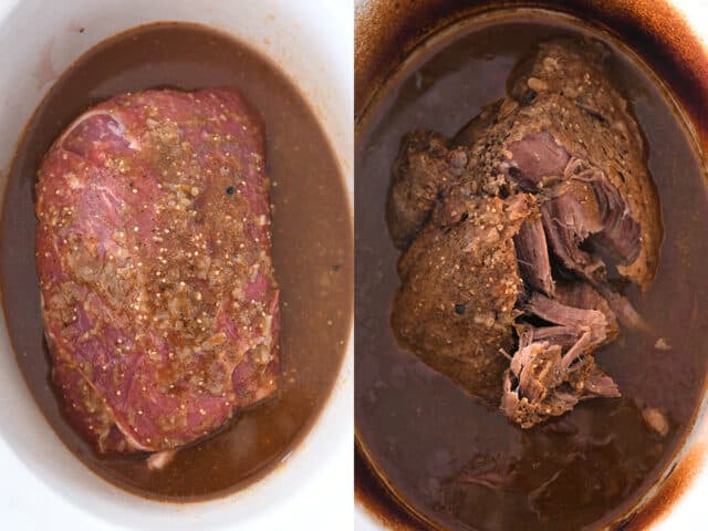 Beef roast in slow cooker with sauce and cooked.